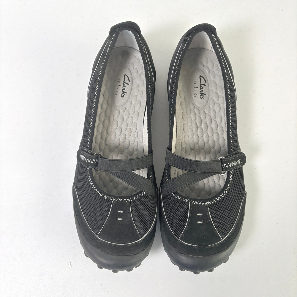 Clarks Privo Mary Jane Flats Womens 8.5 Black Mesh Leather Sporty Adjustable
